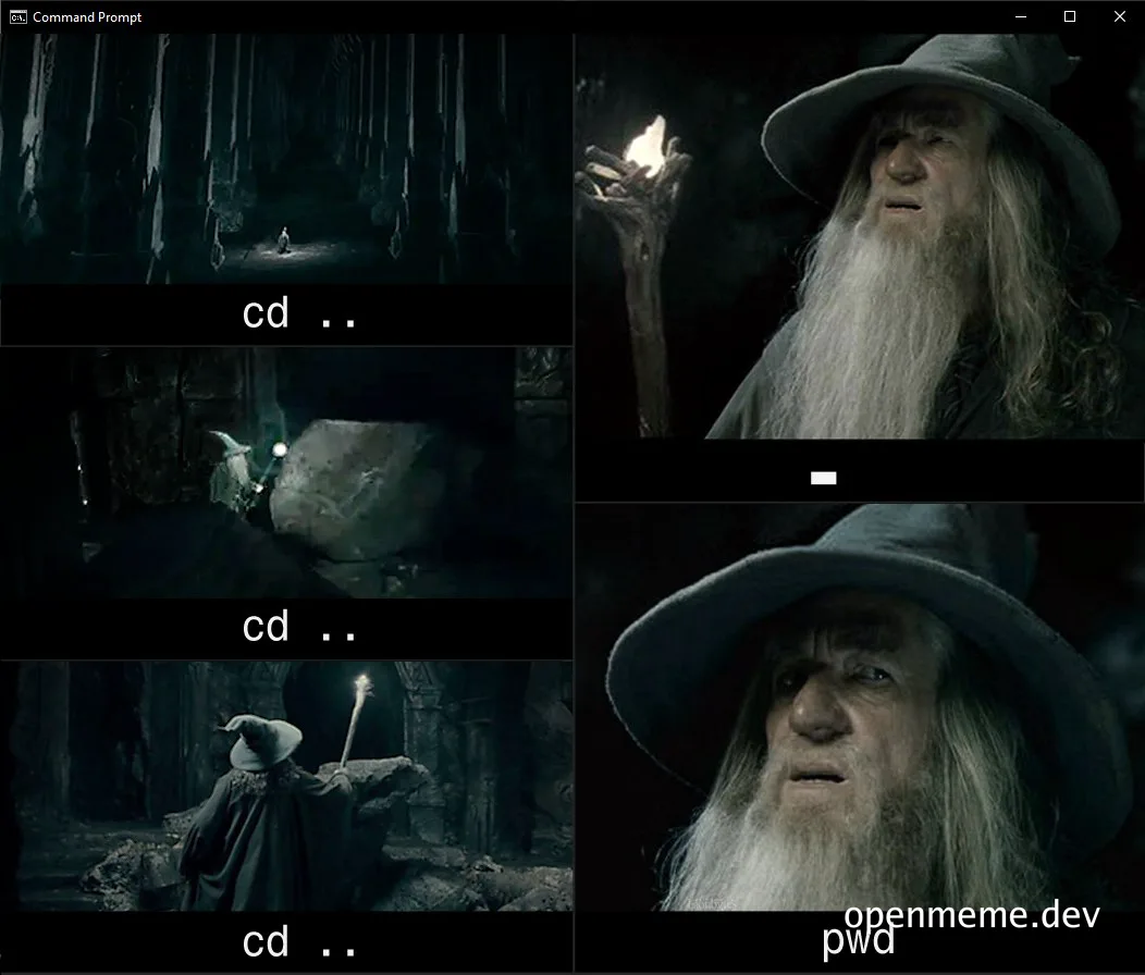 Gandalf navigating a dark cave with a torch, changing directory with cd and pwd commands