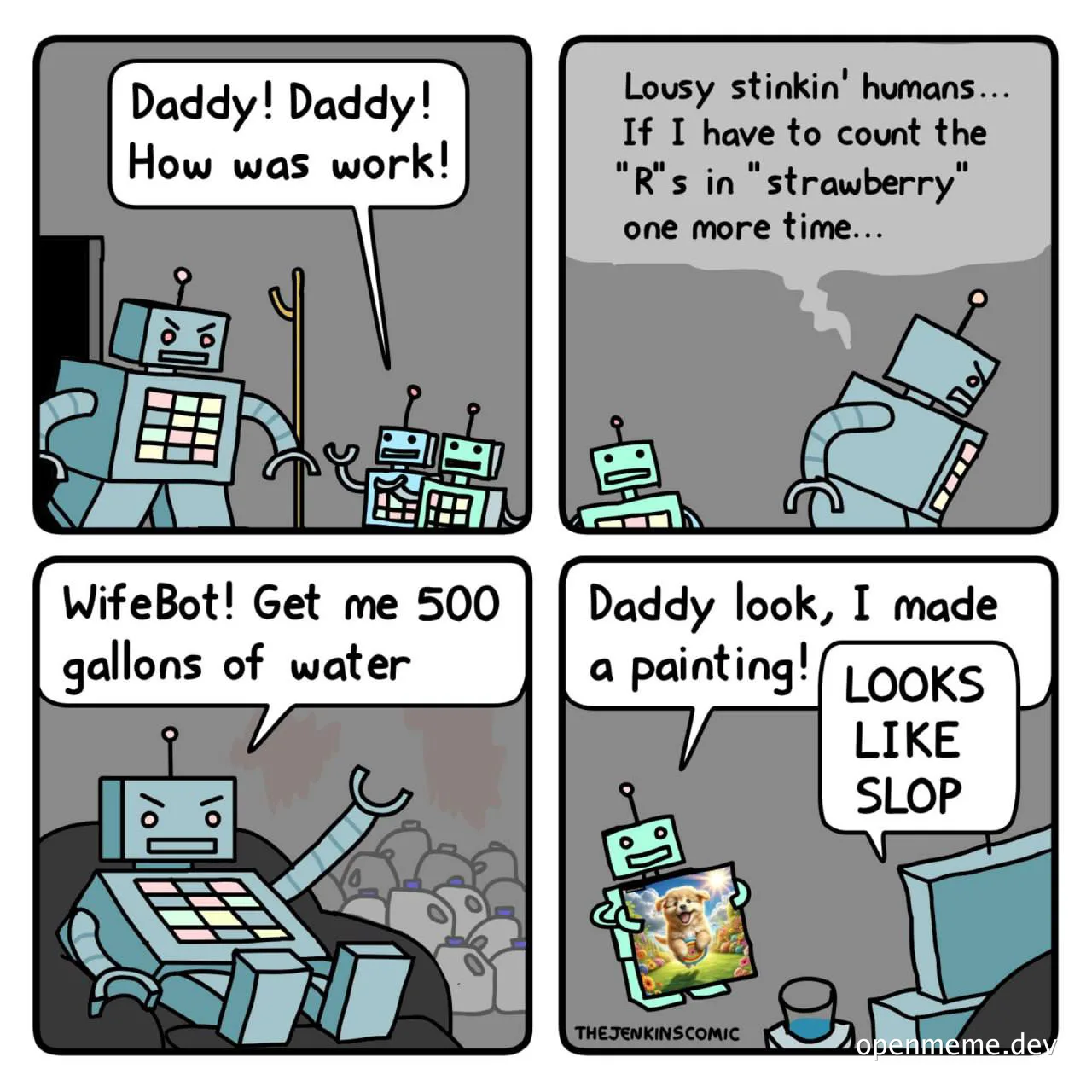 Robot dad frustrated with work, talking to child robot and wife bot