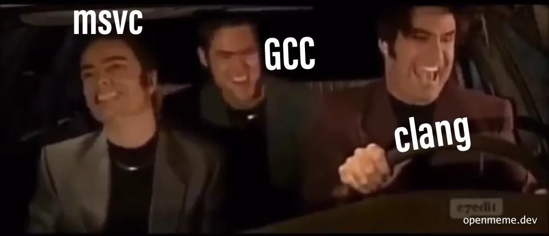 Three men in a car labeled MSVC, GCC, and Clang laughing