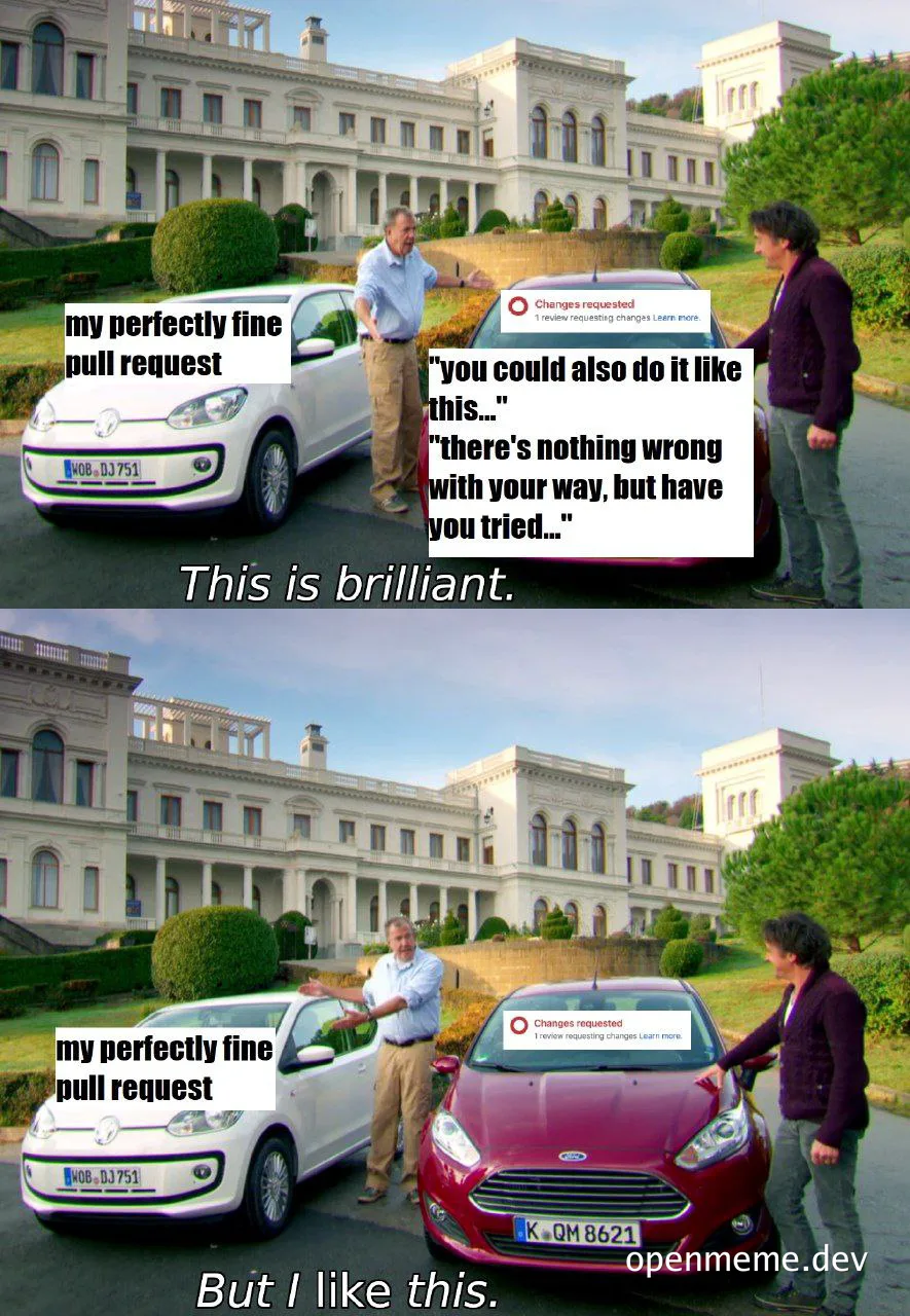 humorous meme about code review and pull requests