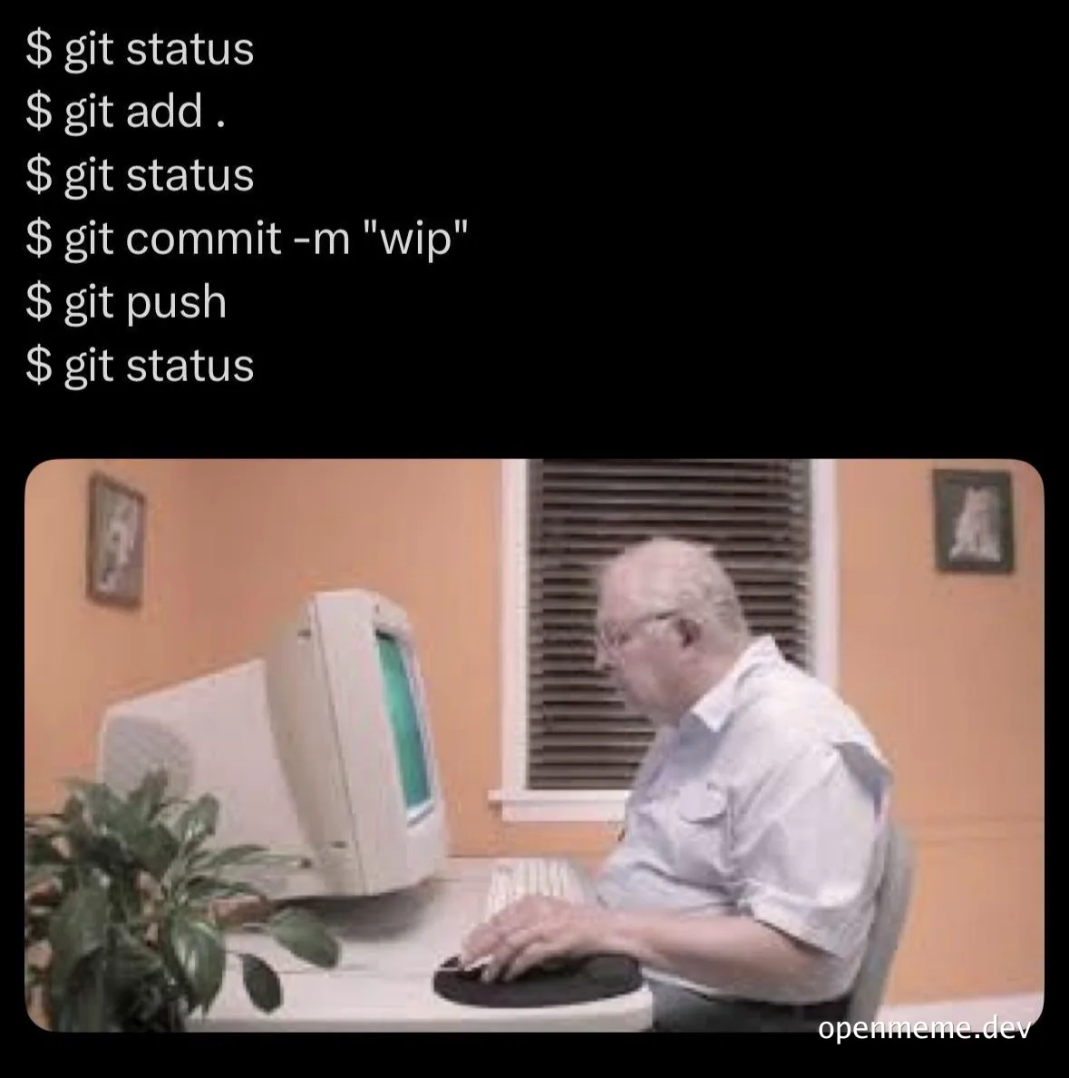 Elderly man sitting at a computer with a confused expression, representing a developer's repetitive Git workflow.