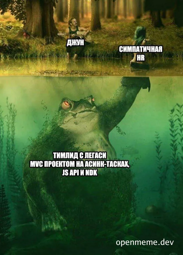 a meme about a junior developer and HR meeting a giant frog representing a team lead with a legacy project