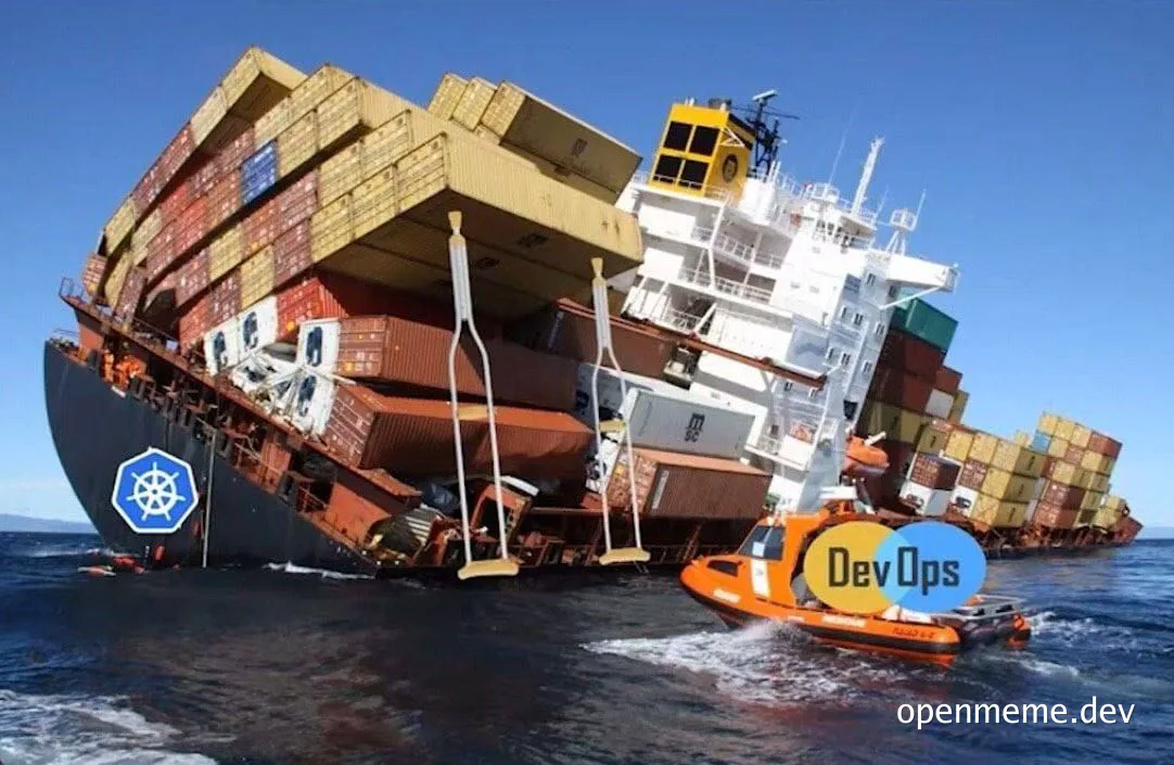 A sinking container ship with a Kubernetes logo on the hull and a small DevOps lifeboat moving away in the foreground.