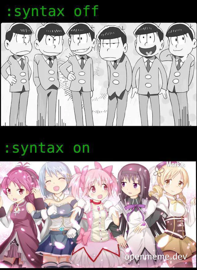 Meme comparing Osomatsu-san characters labeled syntax off with colorful anime girls labeled syntax on