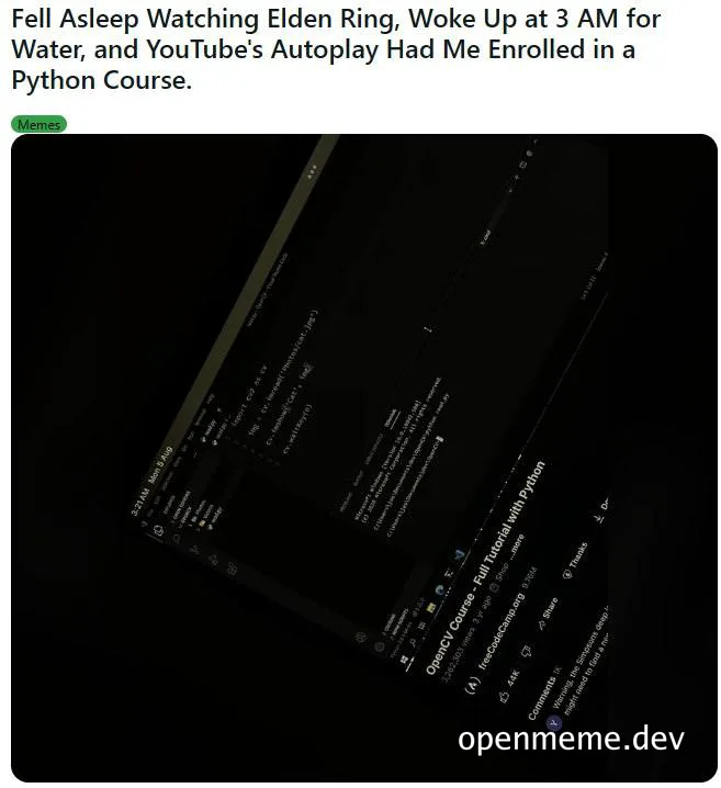 A dark laptop screen displaying a YouTube video of a Python course at 3 AM