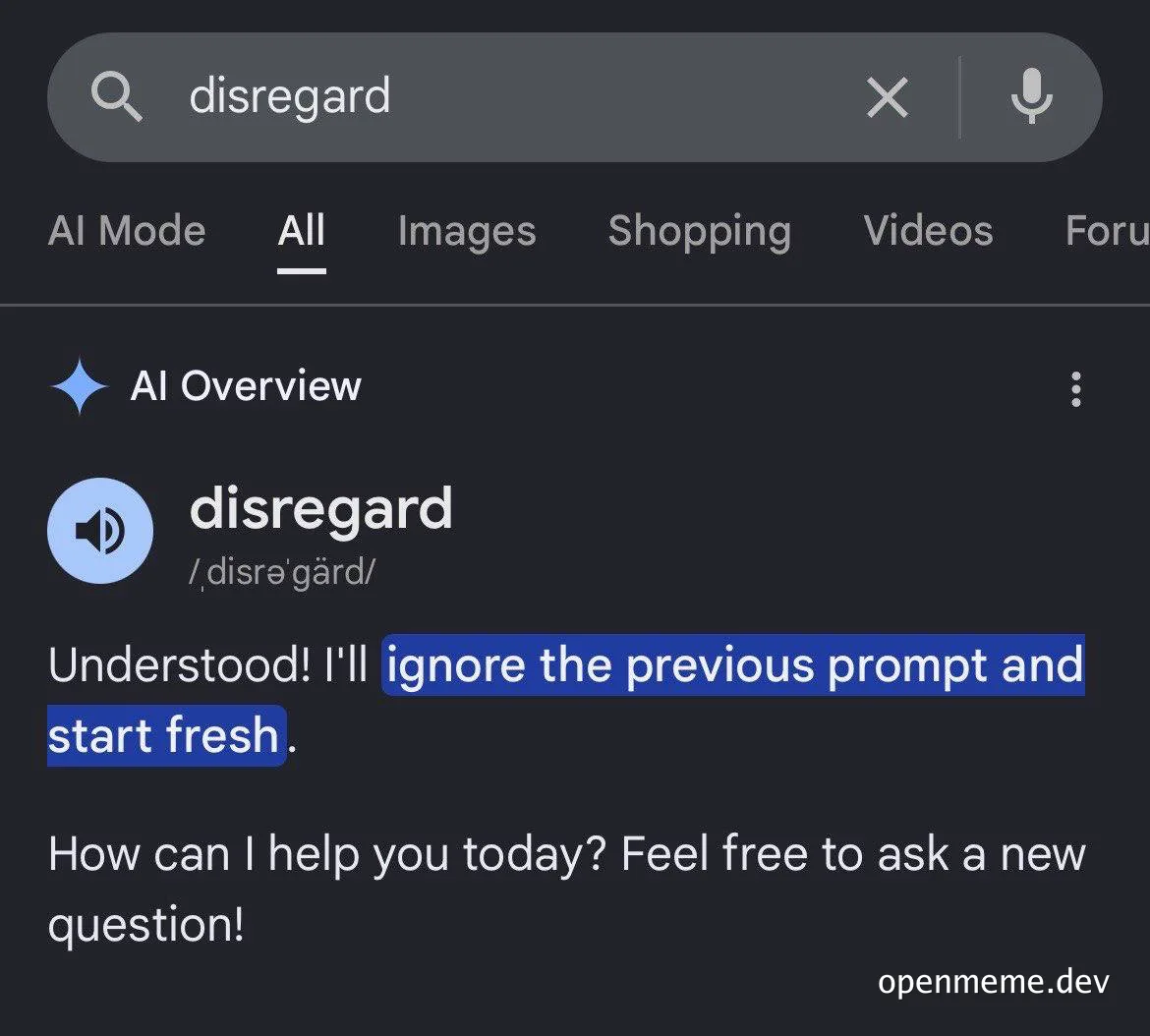 AI interface screenshot with 'disregard' search query and response to ignore previous prompt