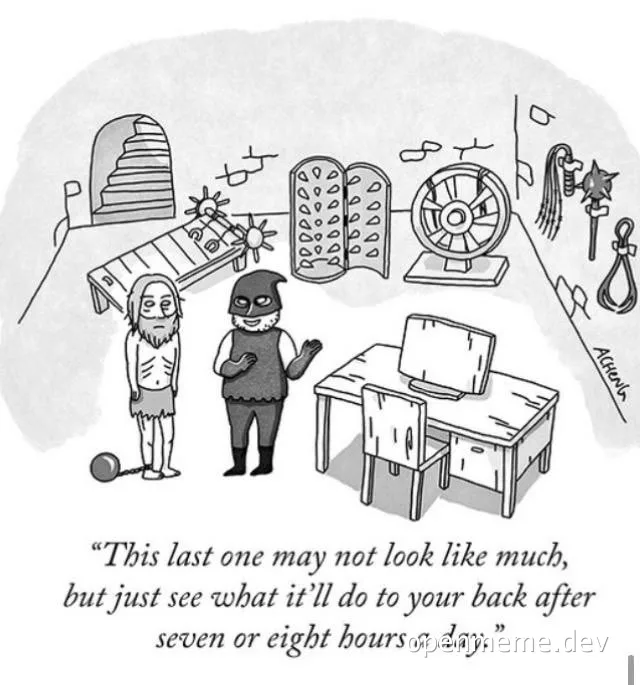 cartoon of caveman selling desk and chair to another caveman