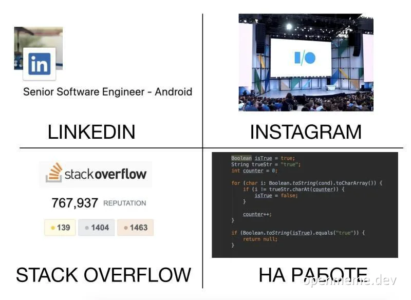humorous comparison of linkedin stackoverflow and instagram with work code