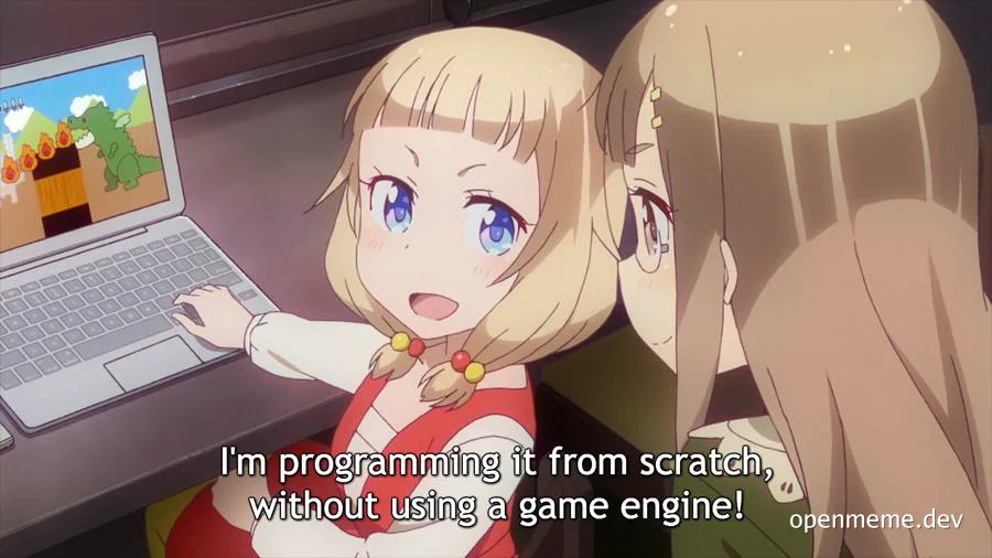 anime girl excitedly showing another girl her game programming on a laptop