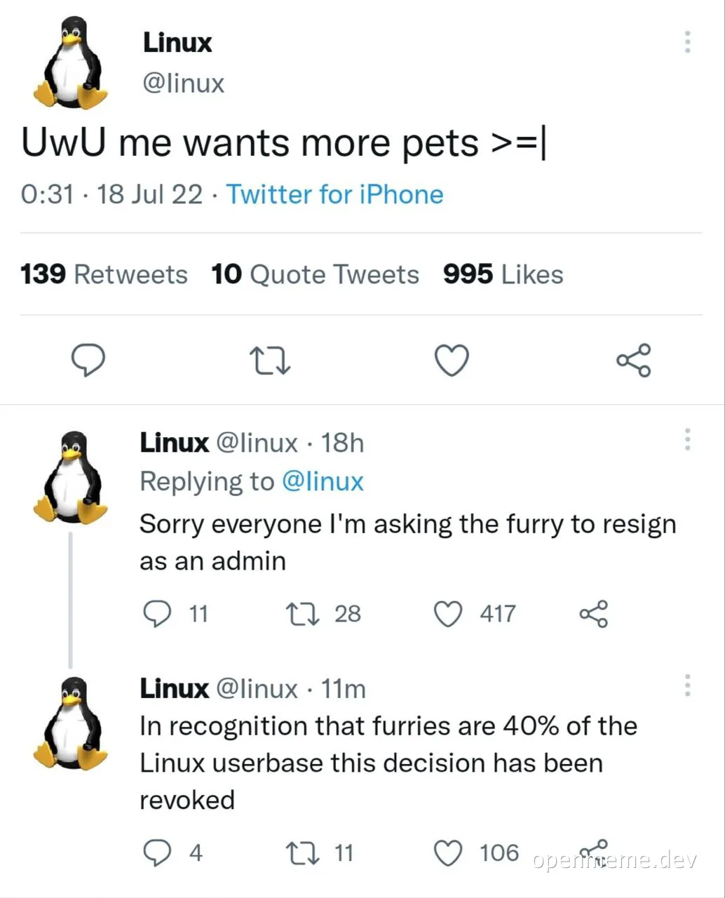 Linux Twitter account meme about furries