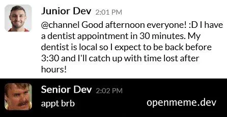 junior dev dentist appointment senior dev response