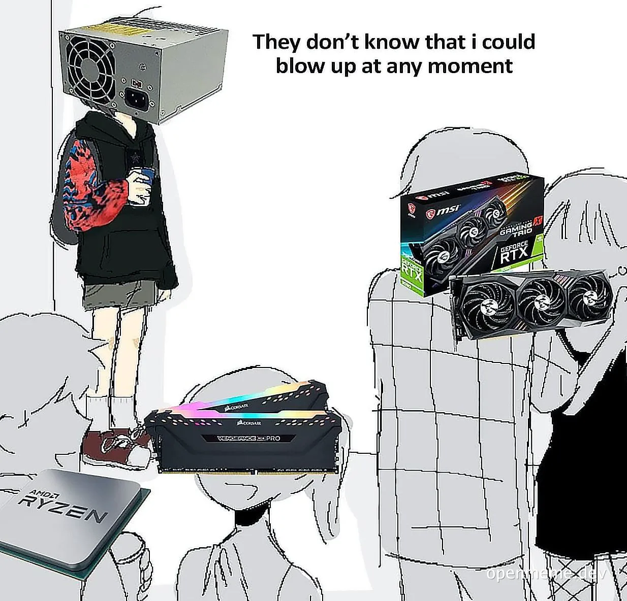 cartoon people with computer hardware on their heads