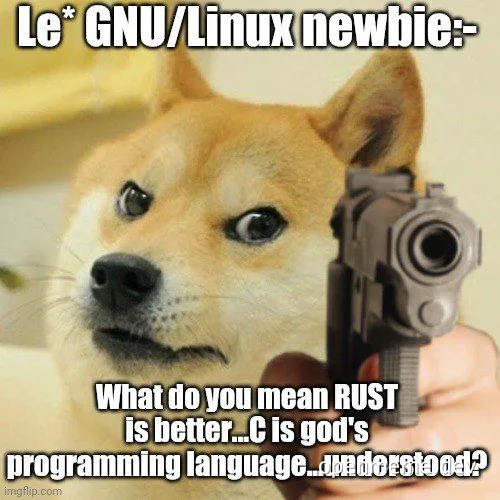Dogue holding a gun to its head with text about Rust vs C programming languages
