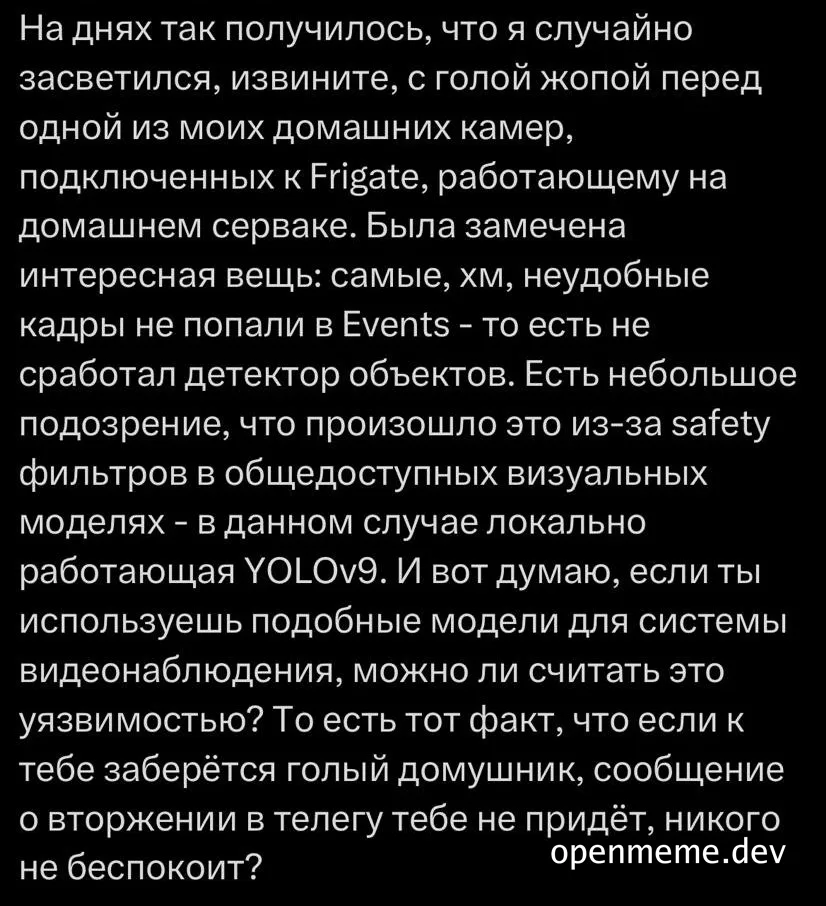 Скриншот с текстом на русском языке о том, как AI-модель YOLOv9 в системе видеонаблюдения Frigate пропустила инцидент из-за safety фильтров