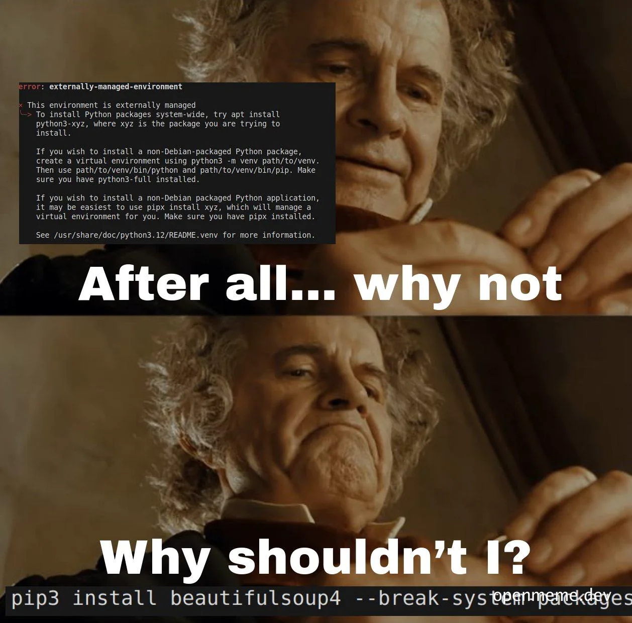 Gandalf meme: 'After all... why not. Why shouldn't I?' with pip3 install error