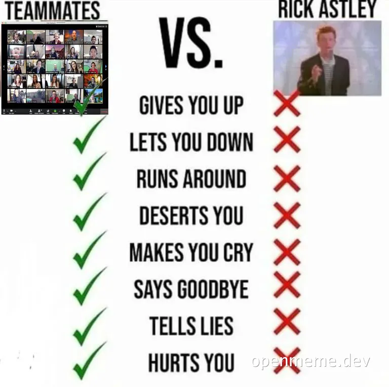 Teammates vs Rick Astley meme comparing coworkers and Rickrolling