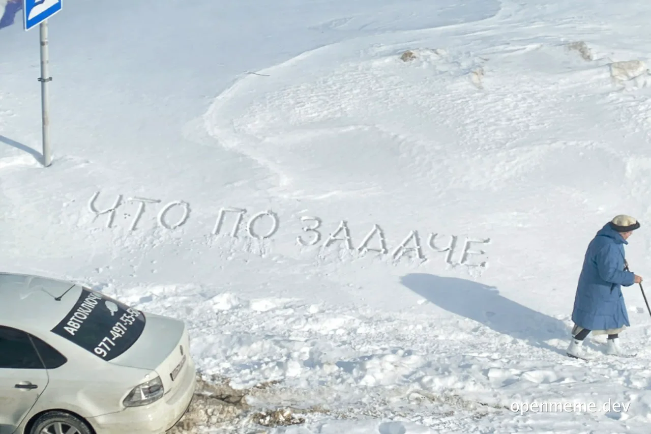 Elderly woman walking past a car with a snowy message