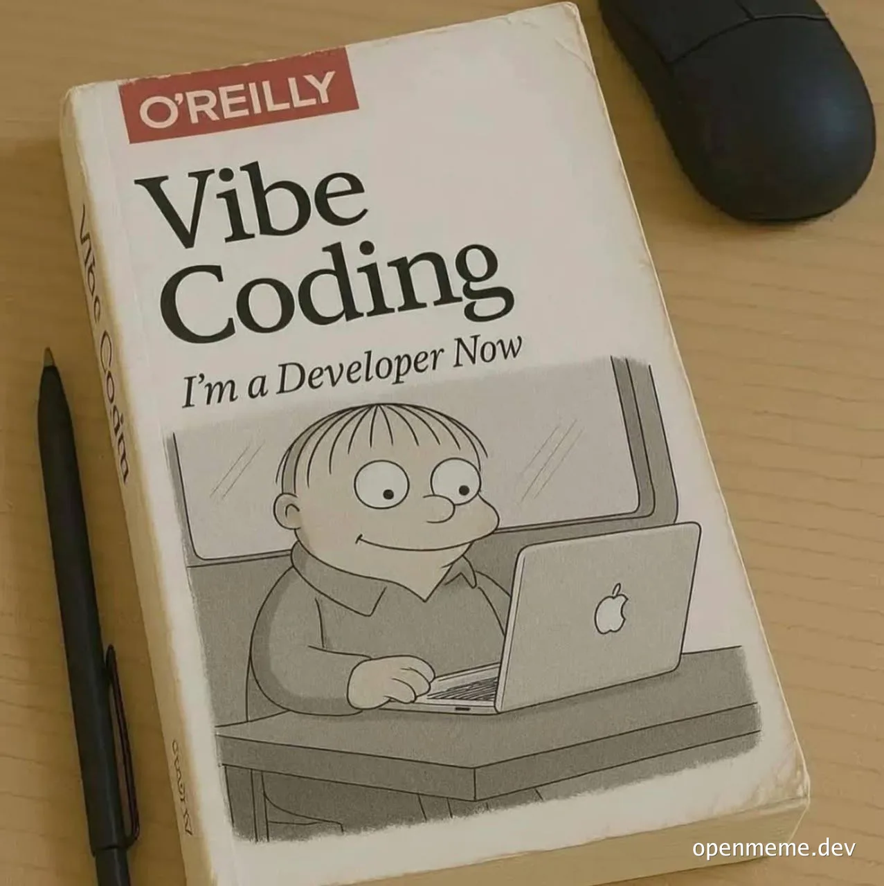 A parody O'Reilly book cover titled 'Vibe Coding, I'm a Developer Now'
