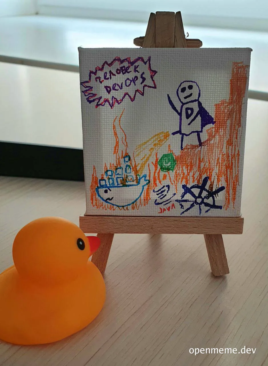 a small canvas painting on an easel with a rubber duck in front, depicting a devops themed scene