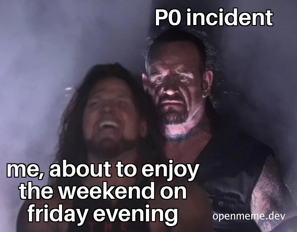 A dark, smoky scene of two men; a menacing figure labeled 'P0 incident' looms over a distressed man labeled 'me, about to