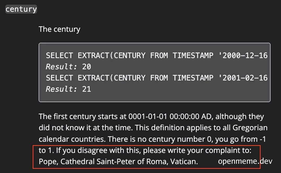 SQL query result for century extraction with humorous complaint to Pope