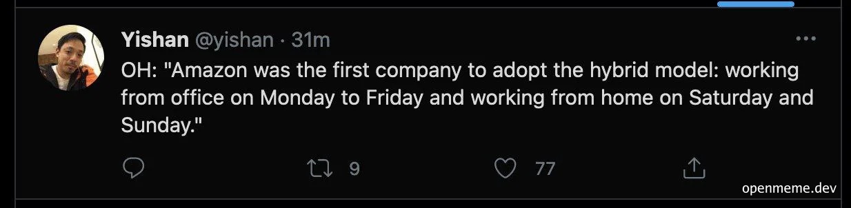 Tweet about Amazon's hybrid work model