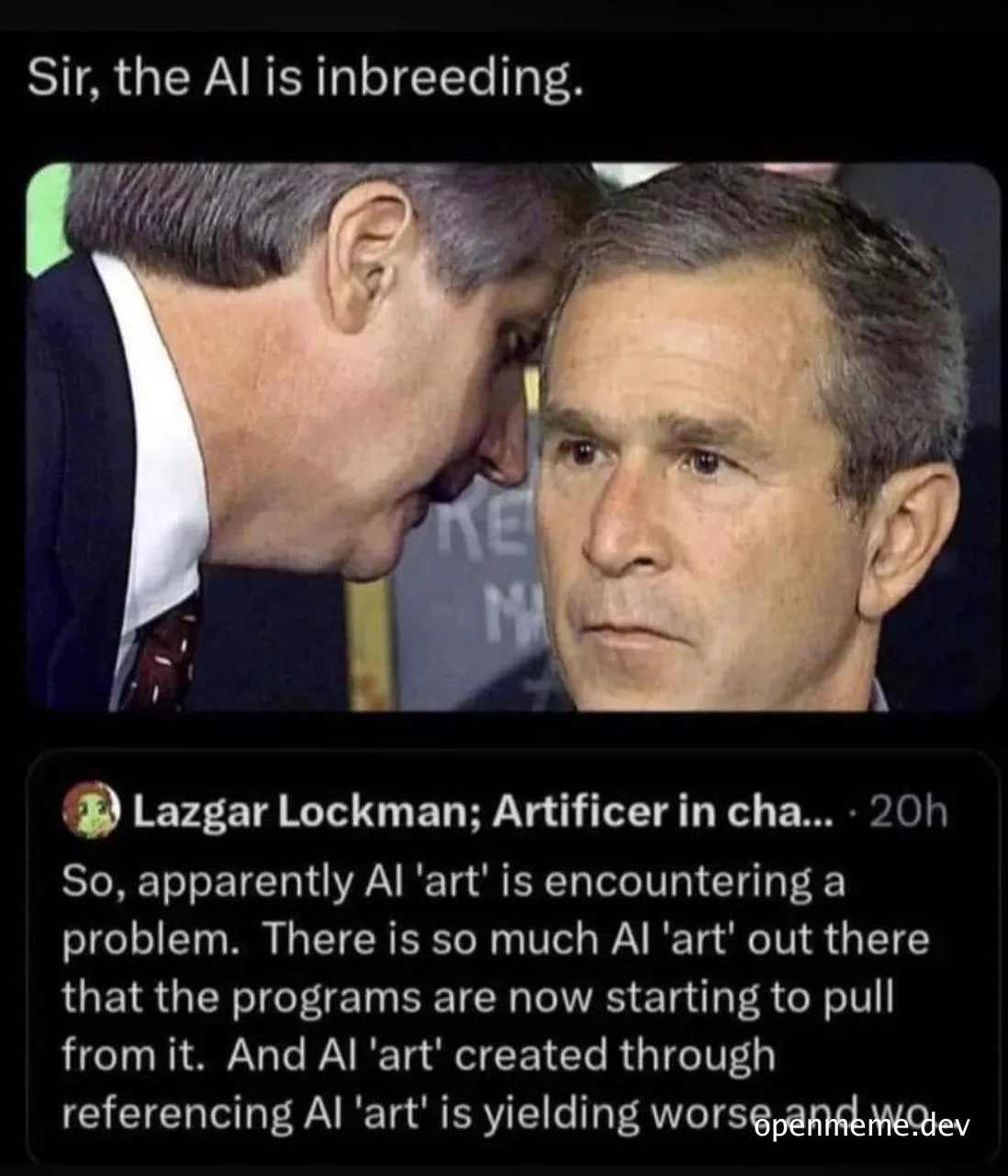 Two men looking at each other with a caption about AI inbreeding