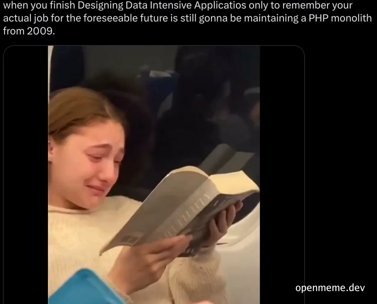 Disappointed woman reading a book about data intensive applications