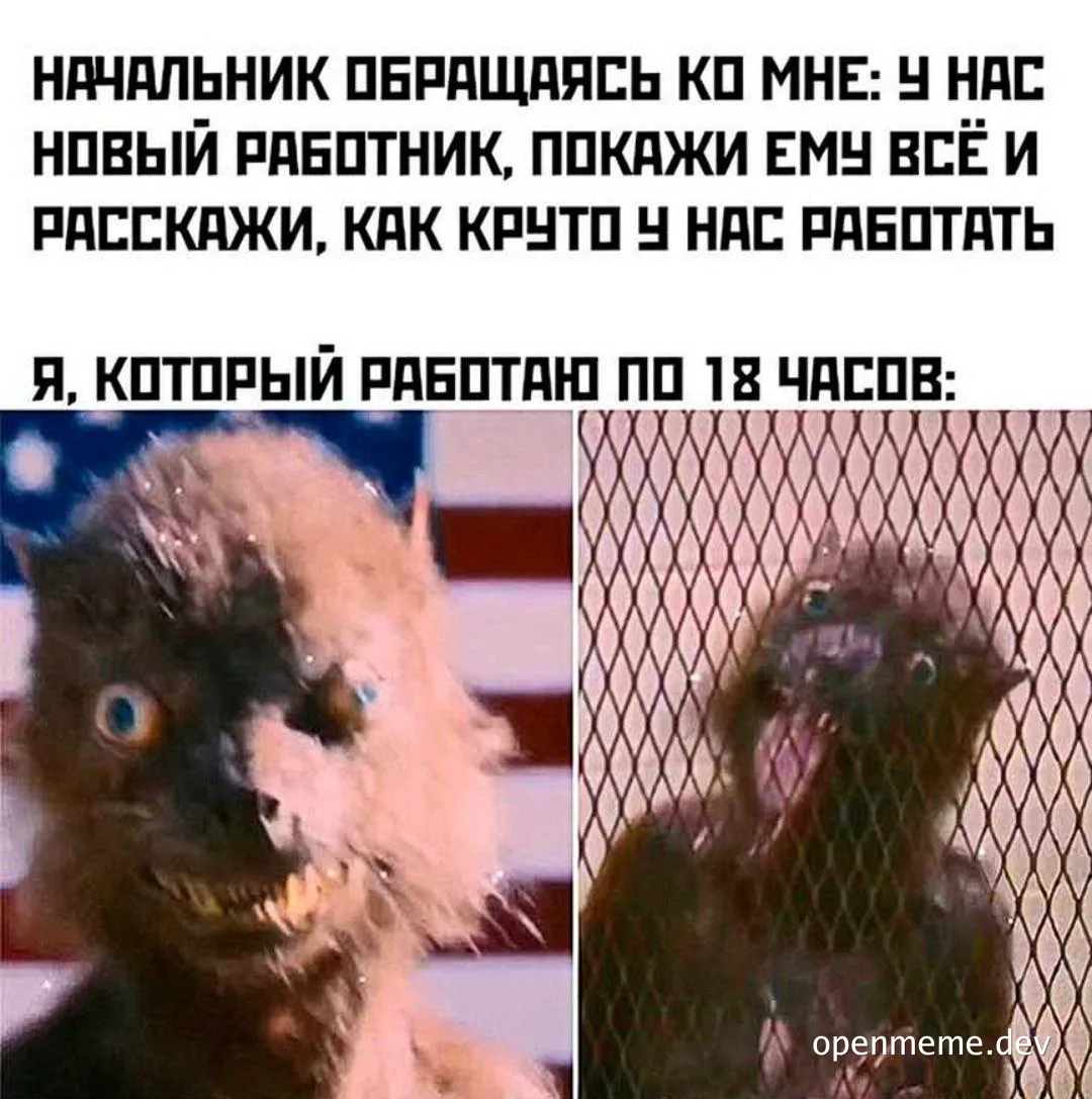 russian office worker meme with two images of a disheveled creature