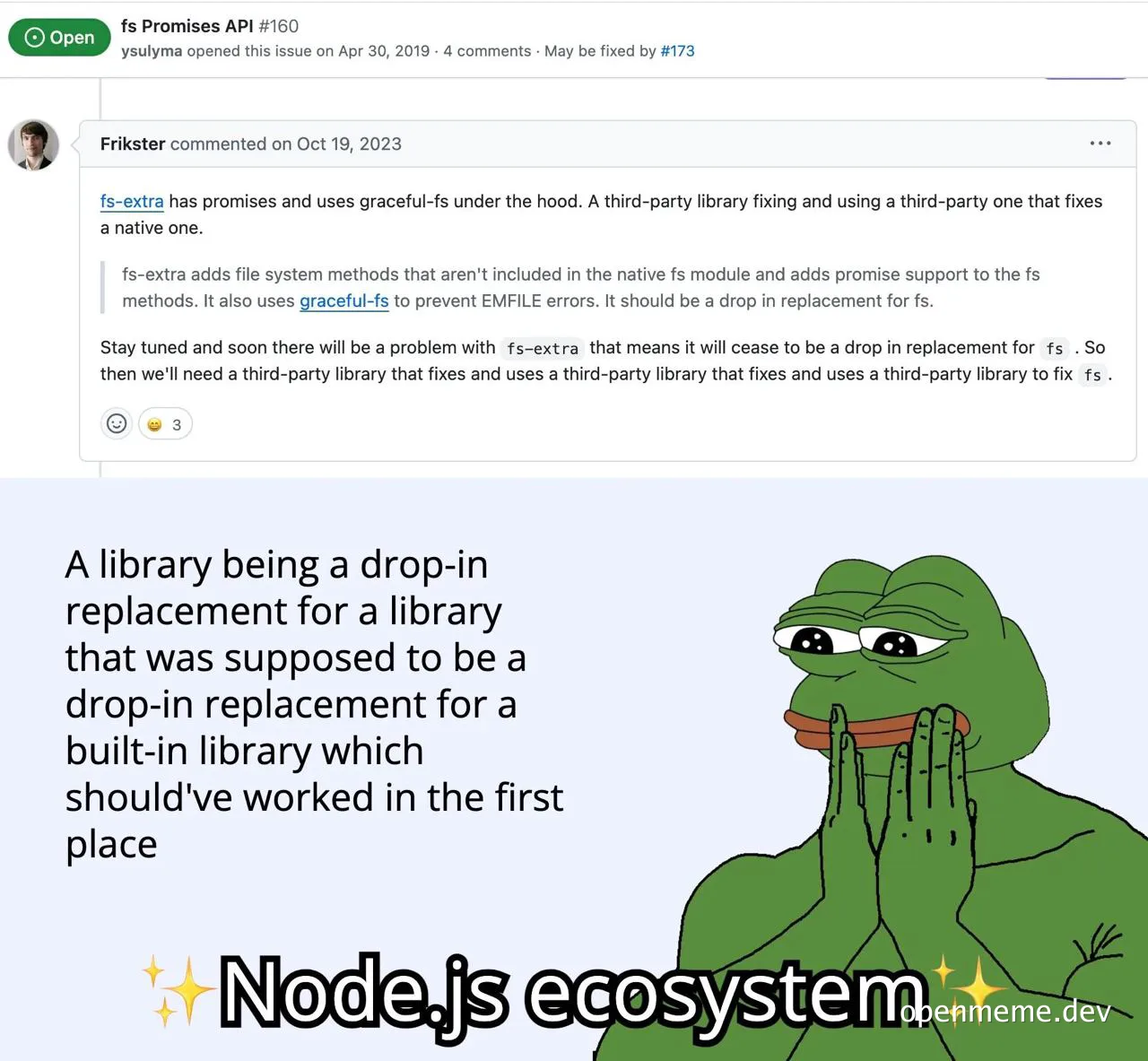 Pepe the Frog with a hand over his mouth, representing a library being a drop-in replacement for another library that was supposed to replace a built-in library in the Node.js ecosystem