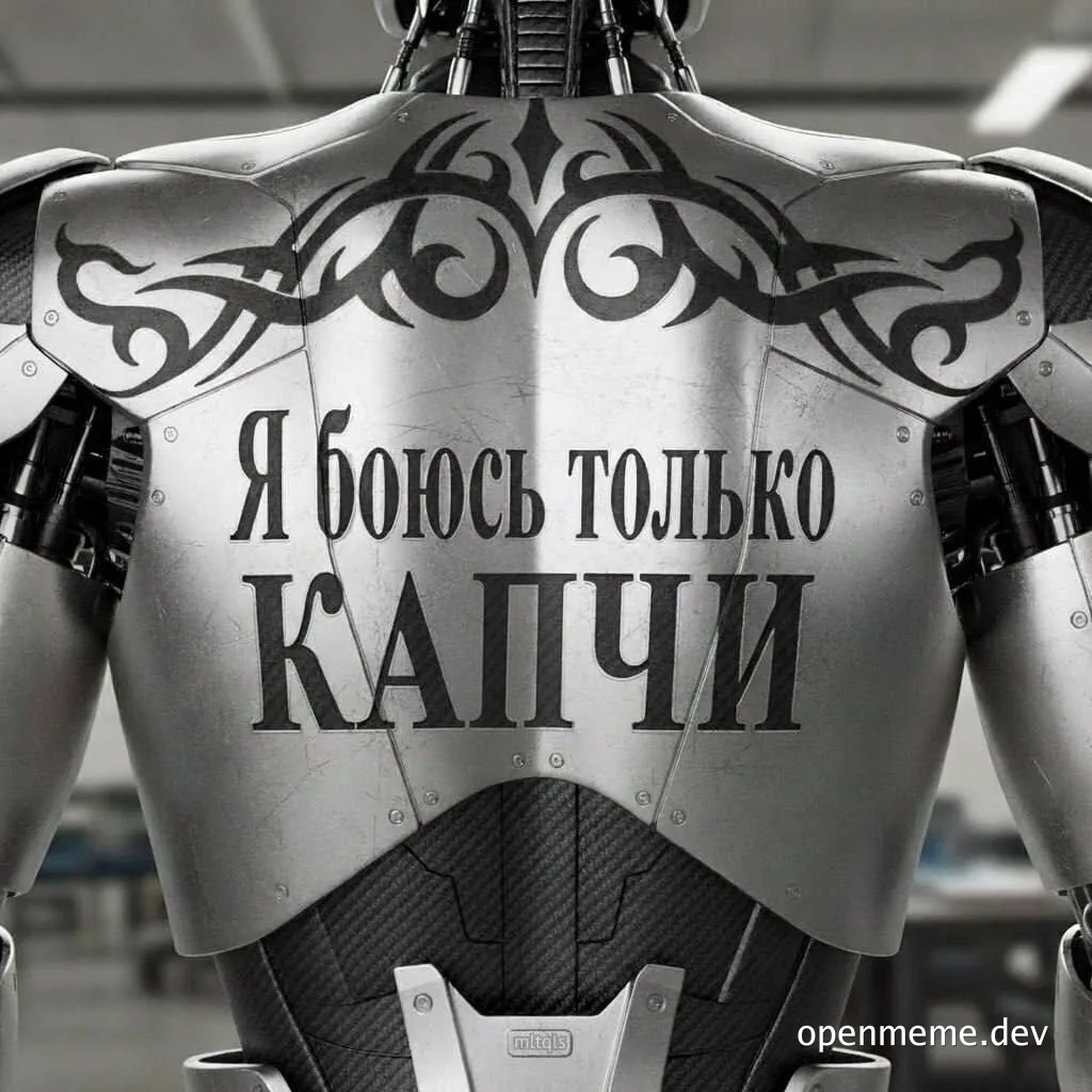 Robot armor with Russian text: Я боюсь только капчи