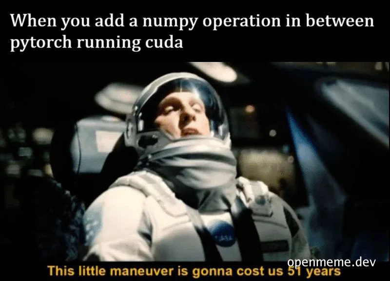 Astronaut in a spacesuit with a concerned expression, with text about adding a numpy operation between pytorch running cuda