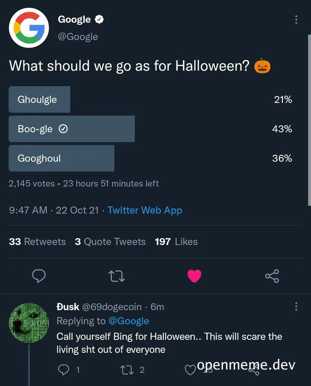 Google poll for Halloween costume ideas with a humorous comment about Bing