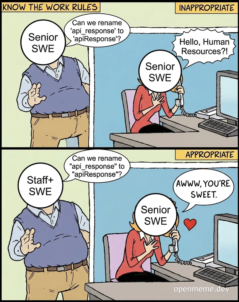 senior software engineer meme about api naming conventions