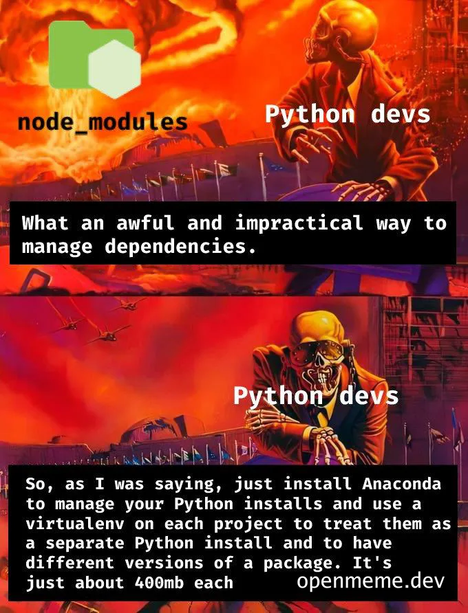 meme comparing node_modules and python package management