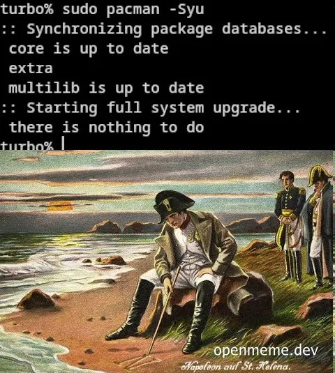 Napoleon sitting on a rock by the sea with two men standing behind him, looking dejected, with a humorous terminal output above about a system upgrade having nothing to do.