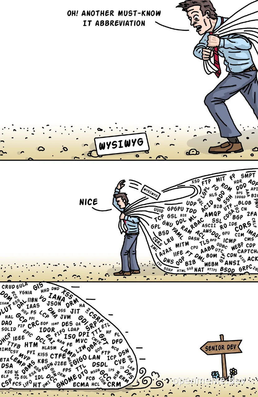 Cartoon of a man overwhelmed by IT abbreviations