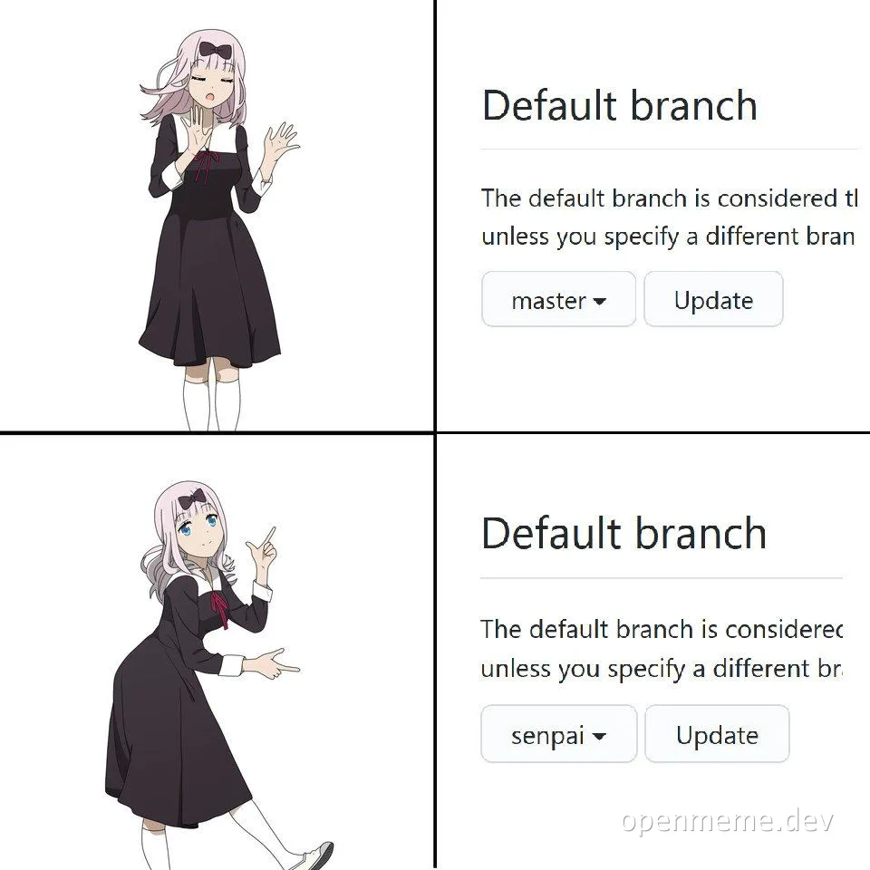 Cartoon character with pink hair in a black dress reacting to default branch options