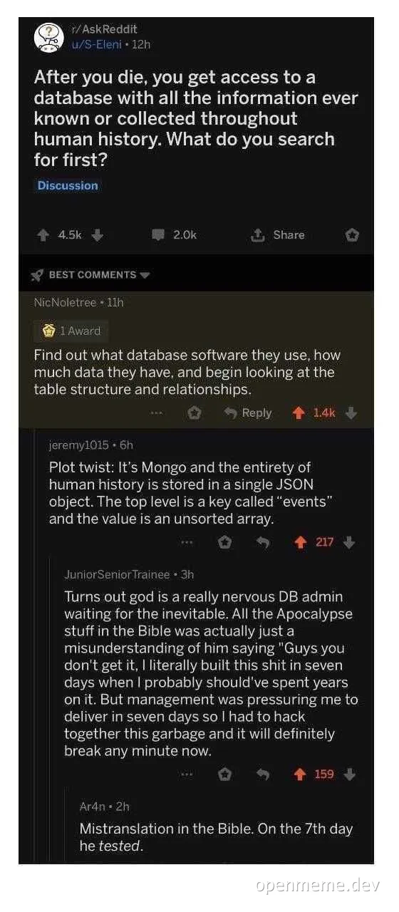 Reddit discussion about searching a database of human history