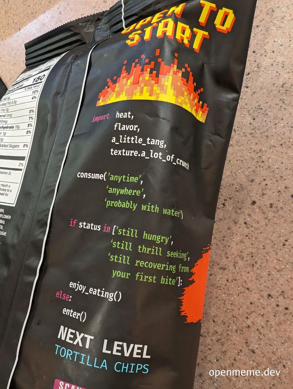 a black bag of tortilla chips with a humorous coding joke on the label