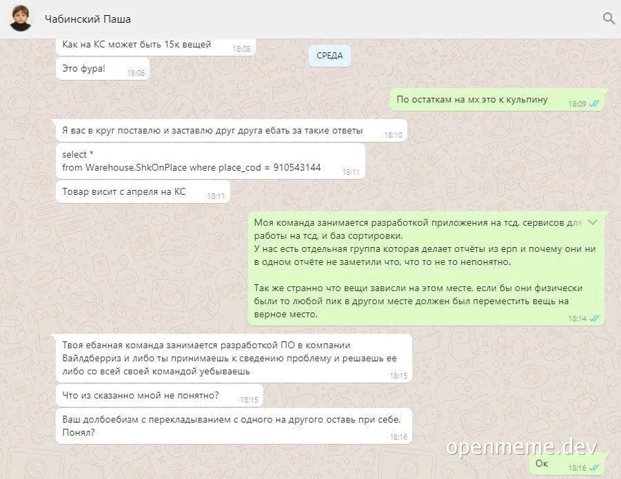 Russian text message conversation about software development issues