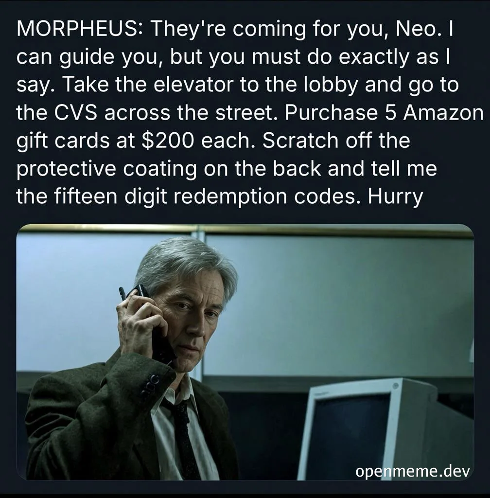Morpheus from The Matrix on the phone instructing Neo to buy Amazon gift cards to escape, referencing AI hallucinations.