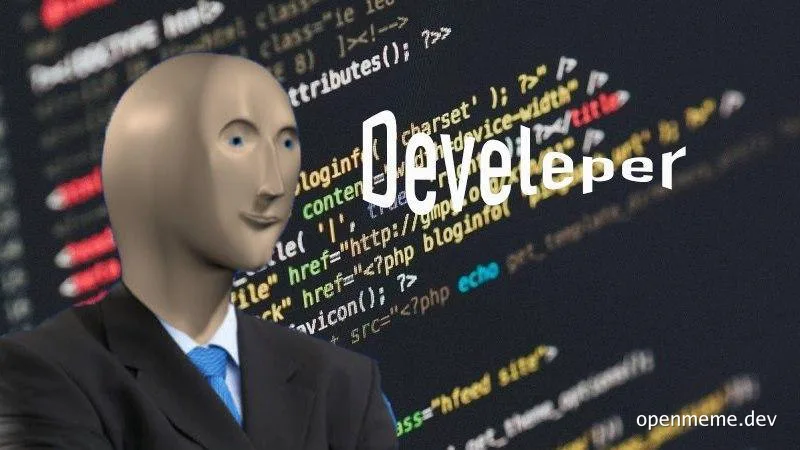 a bald man in a suit and tie standing in front of computer code with the word 'Develeper' on it
