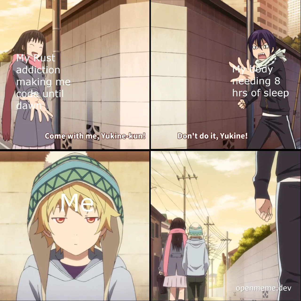 Anime-style meme depicting internal conflict between coding addiction and need for sleep