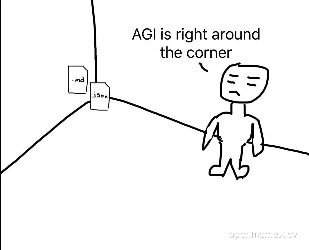 a stick figure looking disappointed at a road with labels .md and .spx on a fork in the road with the text AGI is right around the corner