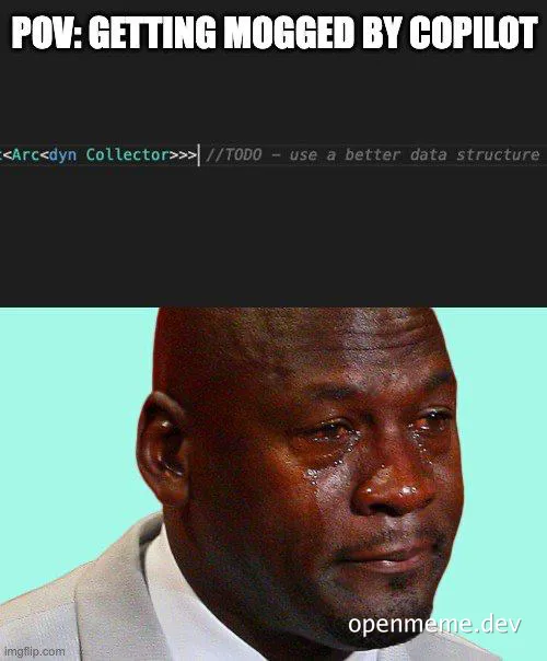 Man crying with sweat on his face with code on top