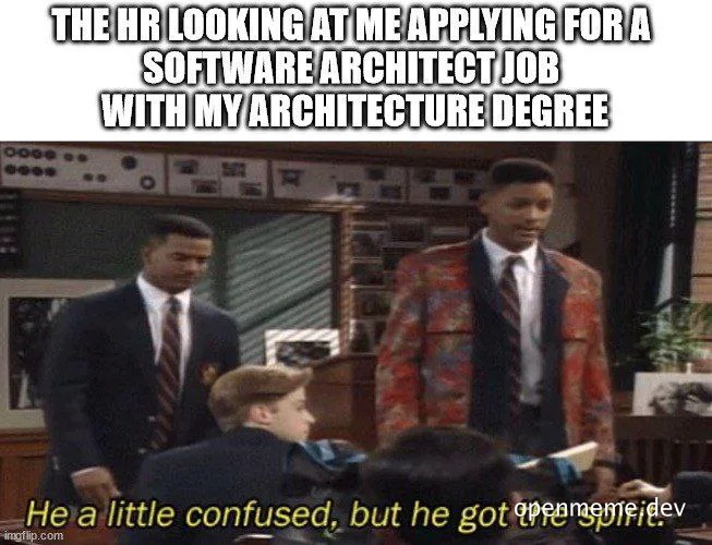 HR looking confused at job applicant with architecture degree applying for software architect
