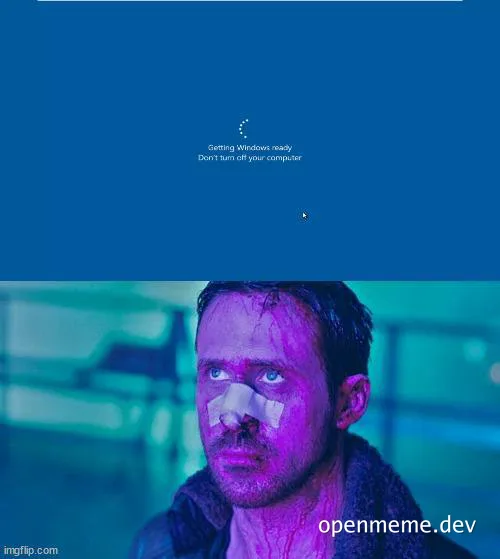 Man with bandages on his face looking worried with a Windows 'Getting Windows ready' screen above him