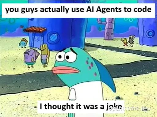 SpongeBob character looking surprised and concerned with text about AI Agents coding