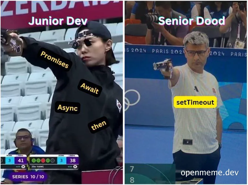 junior dev vs senior dev async promises then await setTimeout